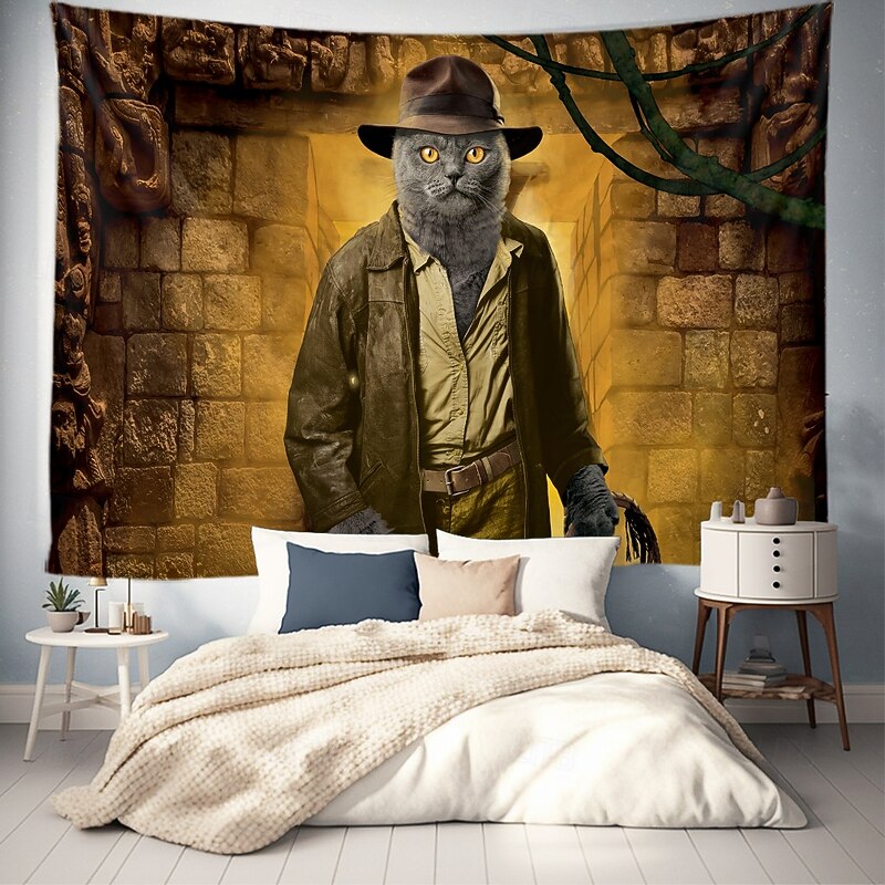 "Indiana Jones Cat" Vincent Hie Hanging Tapestry Wall Art Large Tapestry Mural Decor Photograph Backdrop Blanket Curtain Home Bedroom Living Room Decoration2