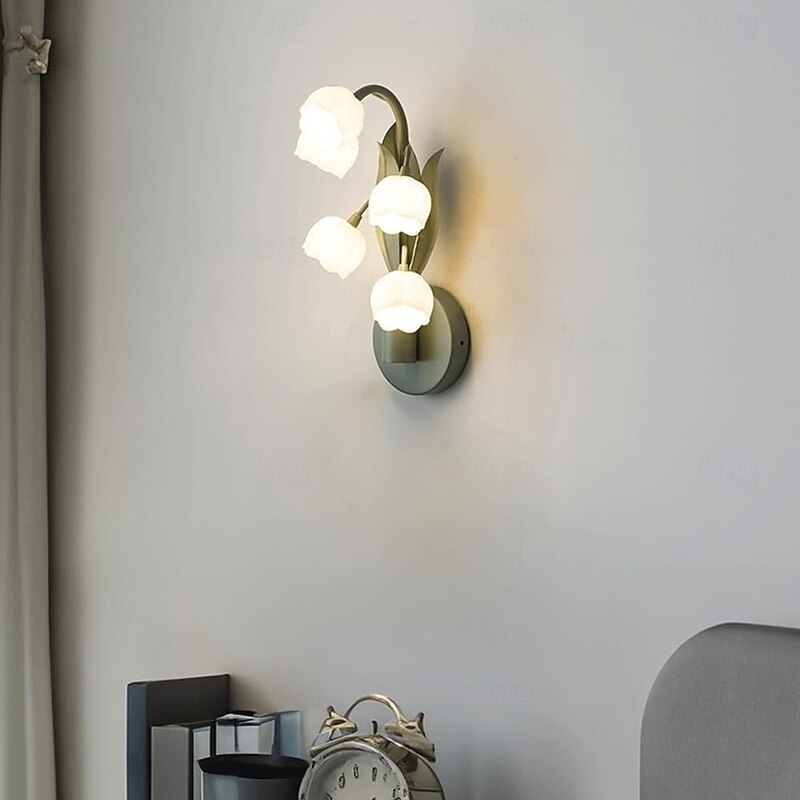 5-Light Lily of The Valley Wall Sconce Green Bell Flower Wall Light Fixture with Milk Glass Shades Farmhouse Wall Lamp for Bedroom Living Room Hallway