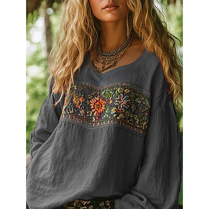 Women's Western Blouse Boho Shirt Blouse Flower Modern Casual Long Sleeve V Neck Regular Tops Daily Holiday Going out Print Black Fuchsia Orange Apricot Gray Summer Autumn3