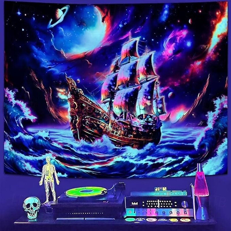 Blacklight Tapestry Glow in the Dark Glow Party UV Reactive Ocean Pirate Ship Trippy Misty Nature Landscape Hanging Tapestry Wall Art Mural for Living Room Bedroom3