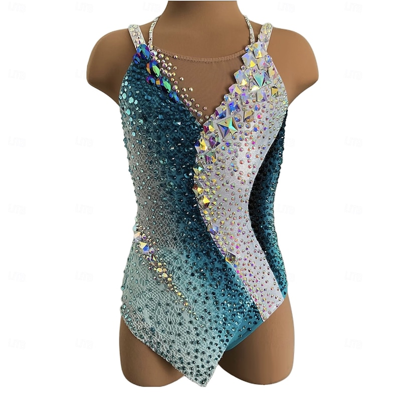 Rhythmic Gymnastics Leotard Women's Girls' Ice Skating Gymnastics Leotard White Thumbhole Halo Dyeing High Elasticity Professional Competition Skating Wear Crystal / Rhinestone Sleeveless Ice Skating Figure3
