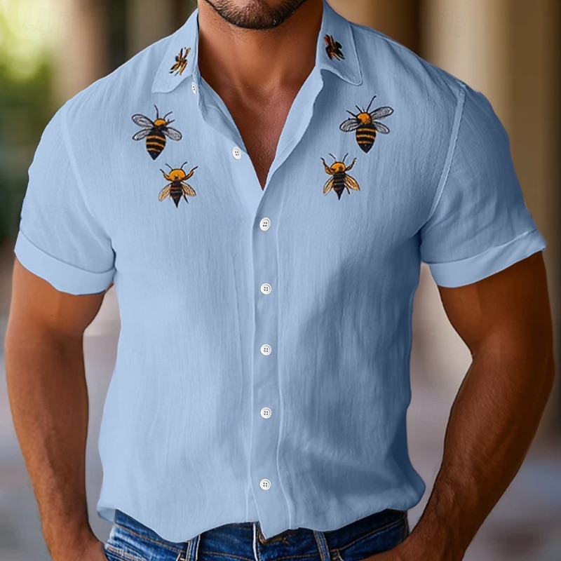 Men's Linen Shirt Summer Shirt Beach Wear Button Up Shirt Bee Vacation Holiday White Pink Blue Short Sleeve Turndown Summer Spring Clothing Apparel2