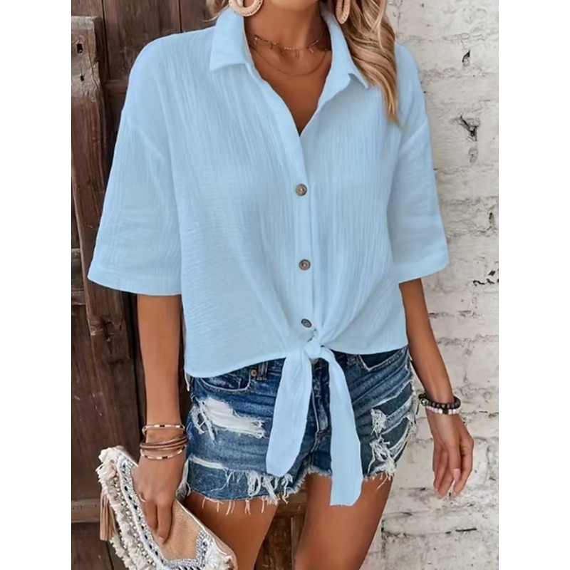 Women's Shirt Button Down Blouse Solid Color Stylish Casual Half Sleeve Shirt Button Down Blouse Collar Regular Tops Daily Buttons White Pink Green Light Blue Summer4