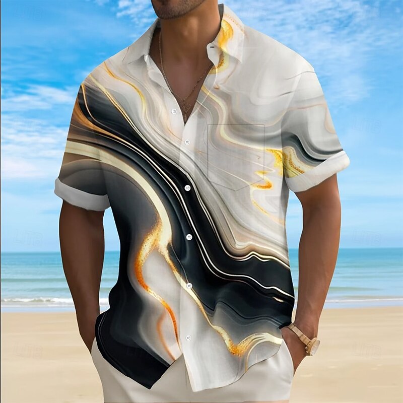 Men's Geometric Gradient Waves Shirt Summer Shirt Button Up Shirt Short Sleeve Fashion Casual Outdoor Vacation Dailywear Summer Spring Turndown 3D Print Collared Shirts Front One Pocket White Blue3