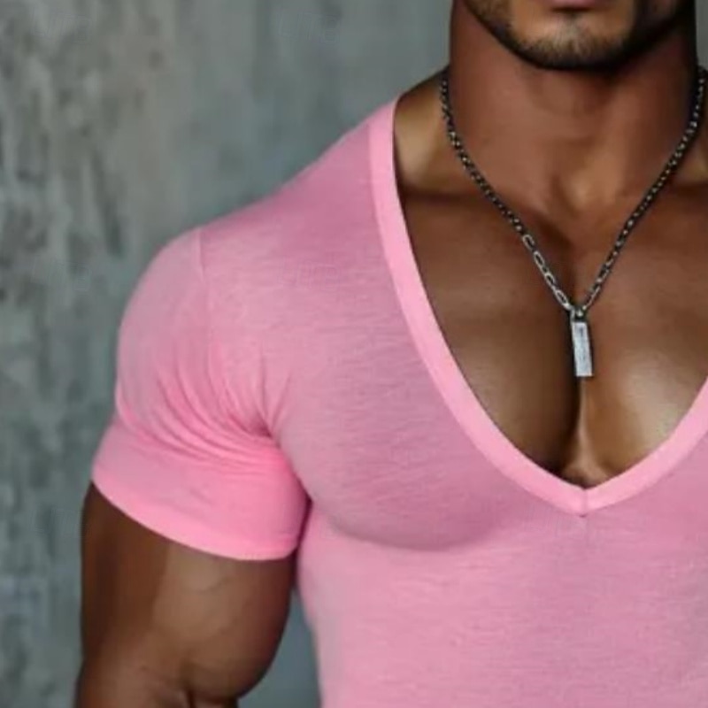 Men's T Shirt Tee Top Short Sleeves V Neck Summer Solid Color Fashion Designer Basic V Neck Vacation Street Going out Black Pink Light Green Top Tee for Men3