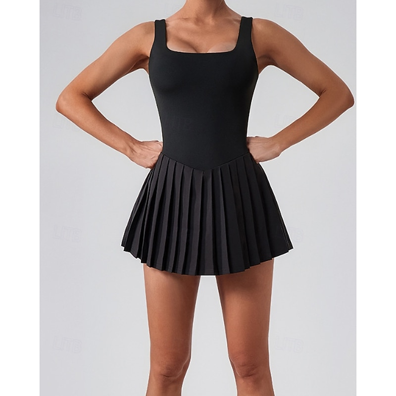 Women's Solid Colored Tennis Dress with Built in Shorts and Bra Sports Dress 2 Pieces Sleeveless Pleated Pocket Tennis Golf Pickleball U Neck Black White Dark Navy Tennis Clothing4