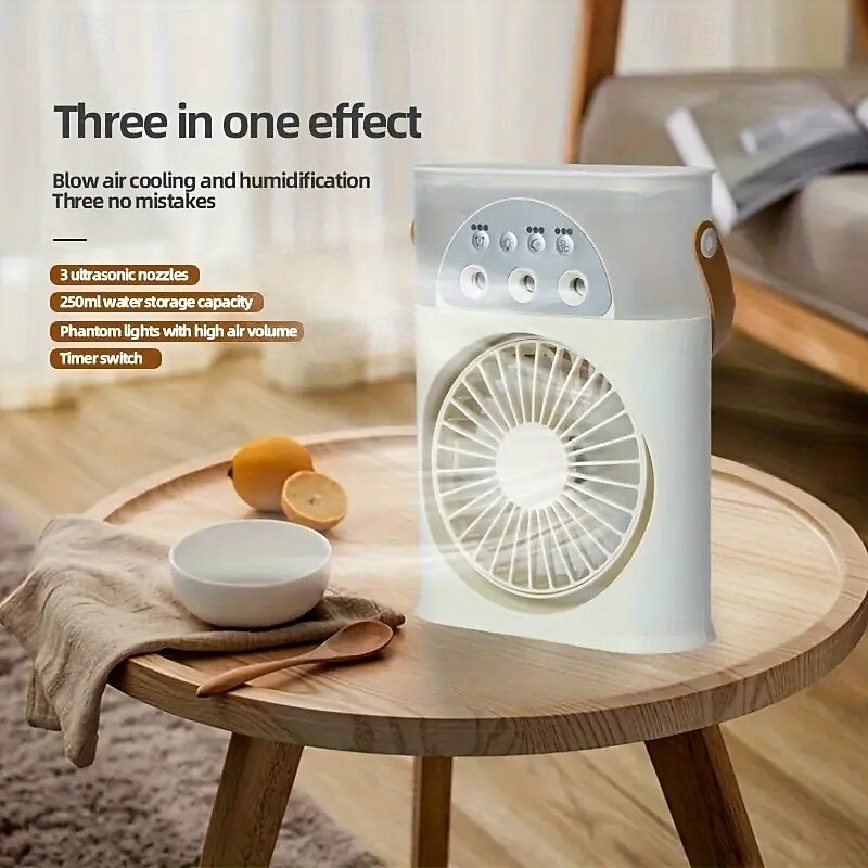 3-in-1 Misting Fan with Humidifier and RGB Night Light – Portable Desktop Cooler with 250ml Water Tank for Home/Office/Travel
