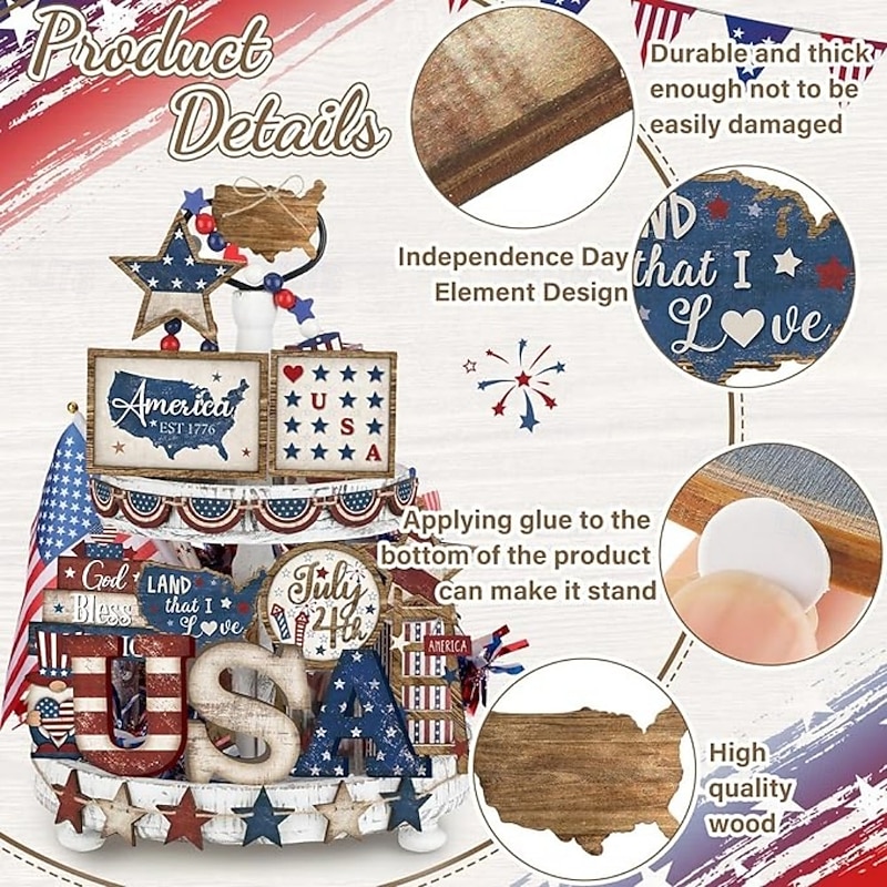 Patriotic Tiered Tray Decor Set for 4th of July and Memorial Day, Rustic Wooden Red White Blue Signs, Vintage Farmhouse Independence Day Table Decorations, Glow Americana Party Decor4