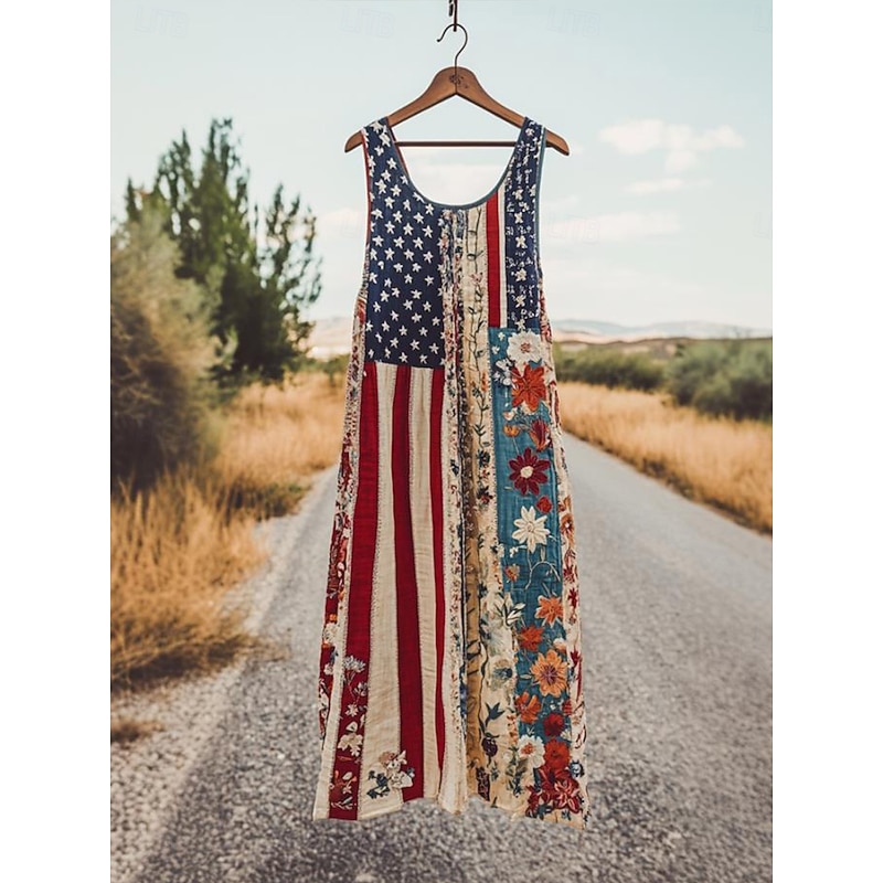 Women's Patriotic  Mini Dress Sundress A Line Dress Off The Shoulder Dress Vacation Casual Boho Party Regular Fit Floral Graphic Flag Sleeveless U Neck Red Green Summer