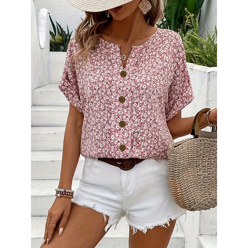 Women's Blouse Button Down Floral Stylish Casual Short Sleeve Crew Neck Regular Tops Daily Buttons Print Pink Navy Blue Orange Summer2