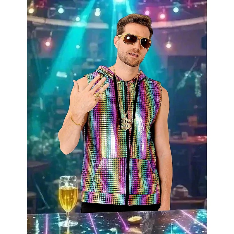 Retro Vintage 1980s Rave Sleeveless Hoodie Disco Zip-Up Grid / Plaid Fancy Dress Men's Halloween Carnival Music Festival Pride Parade Gay Club Adults' Vest All Seasons2