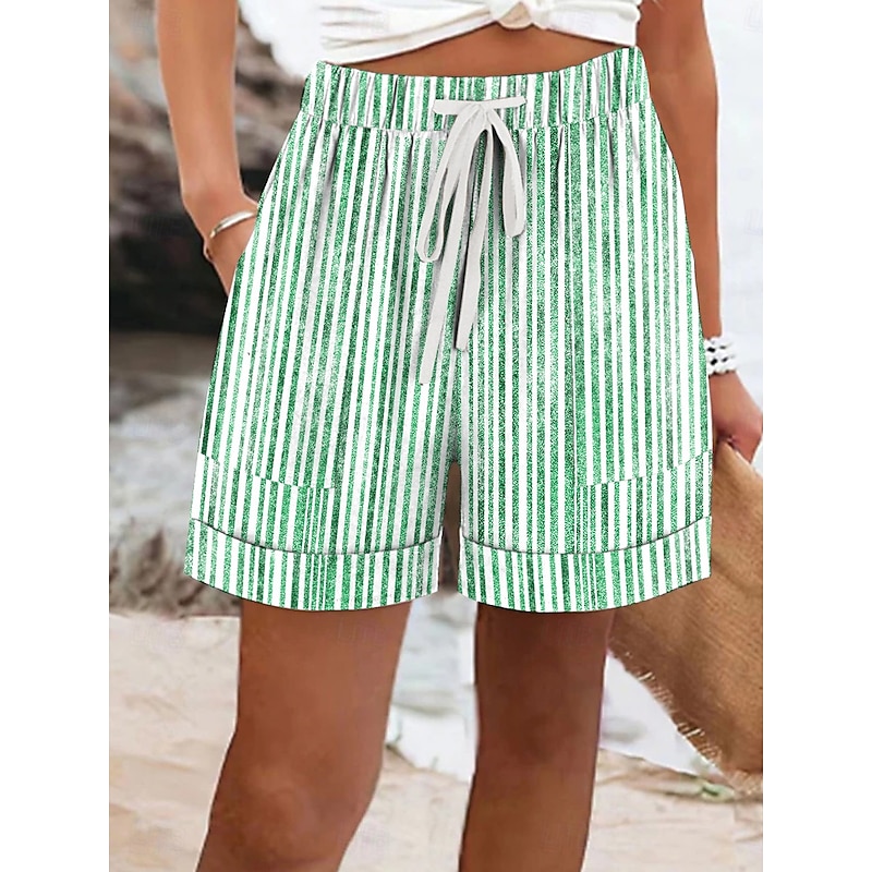 Women's Shorts Chinos Vacation Basic Casual Short Mid Waist Striped Elastic Waist Vacation Street Causal Ash Violet Robin's Egg Blue Red Summer Spring Regular Fit2