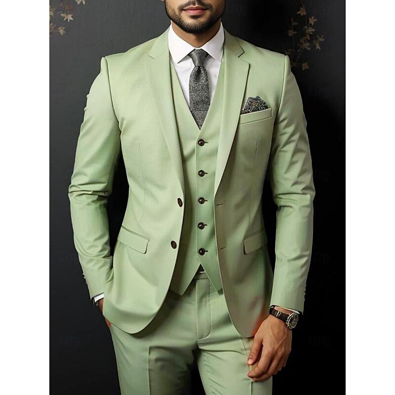 Men's Wedding Business Suits Sage Summer Fashion Formal Solid Colored Standard Fit 3 Piece Single Breasted Two-buttons