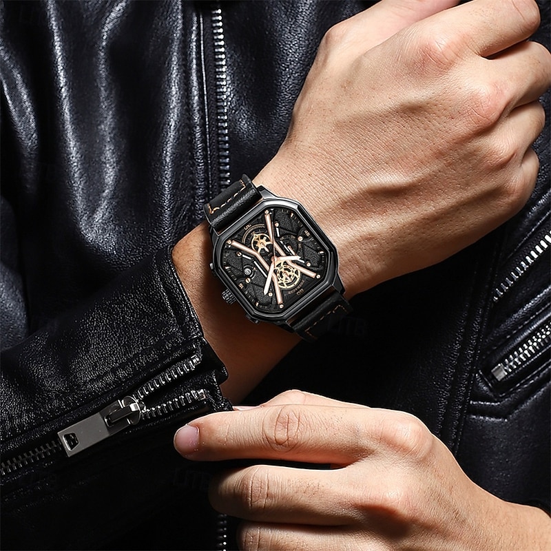 Fashion Men Wristwatches Luxury Chronograph Luminous Waterproof Date Man Watch Square Dial Leather Quartz Men's Watches4