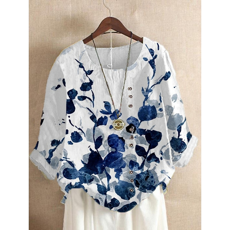 Women's Linen Shirts Floral Daily Retro Vintage Long Sleeve Crew Neck Regular Tops Daily Holiday Buttons Print White Blue Green Light Blue Summer3
