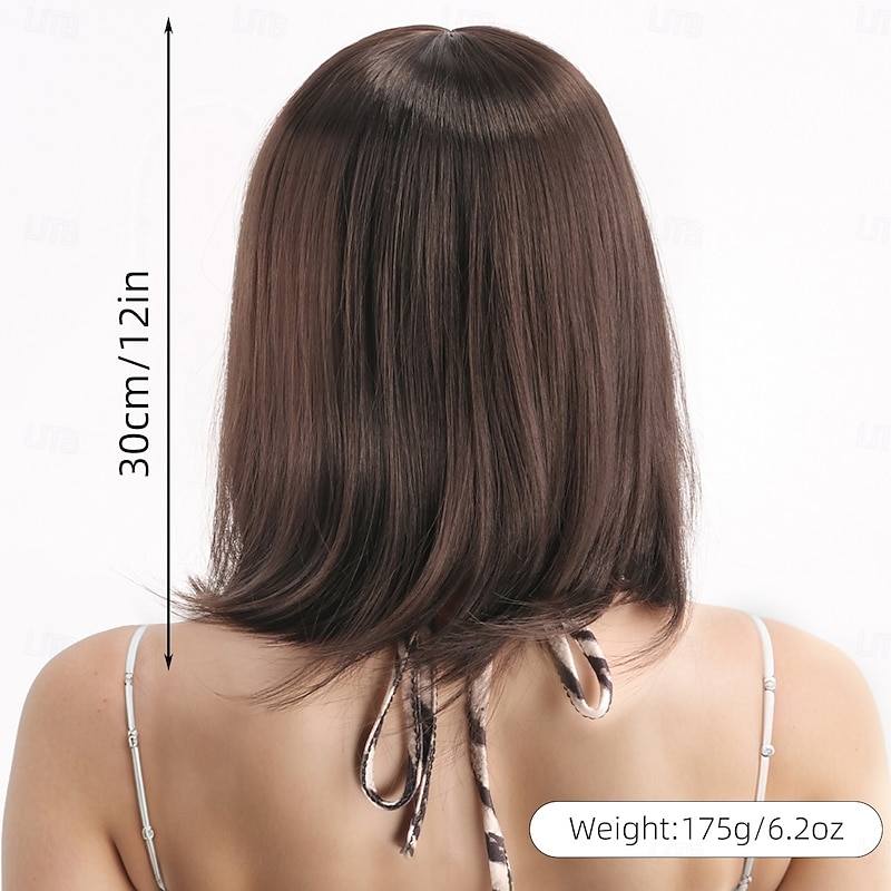 Synthetic Wig kinky Straight Yaki Straight Asymmetrical Neat Bang Wig 12 inch A1 Synthetic Hair Women's Adjustable Comfortable Brown Wigs2