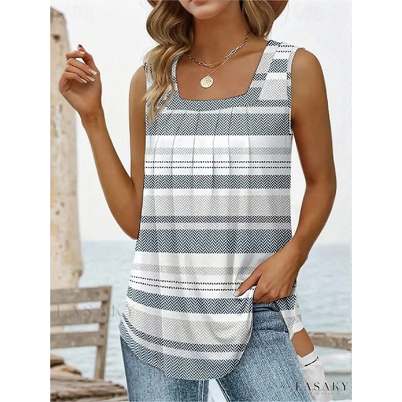 Women's Camisole Tank Top Graphic Geometric Striped Vintage Tropical Stylish Sleeveless Square Neck Regular Tops Daily Ruched Print Red Blue Dusty Blue Summer Spring2