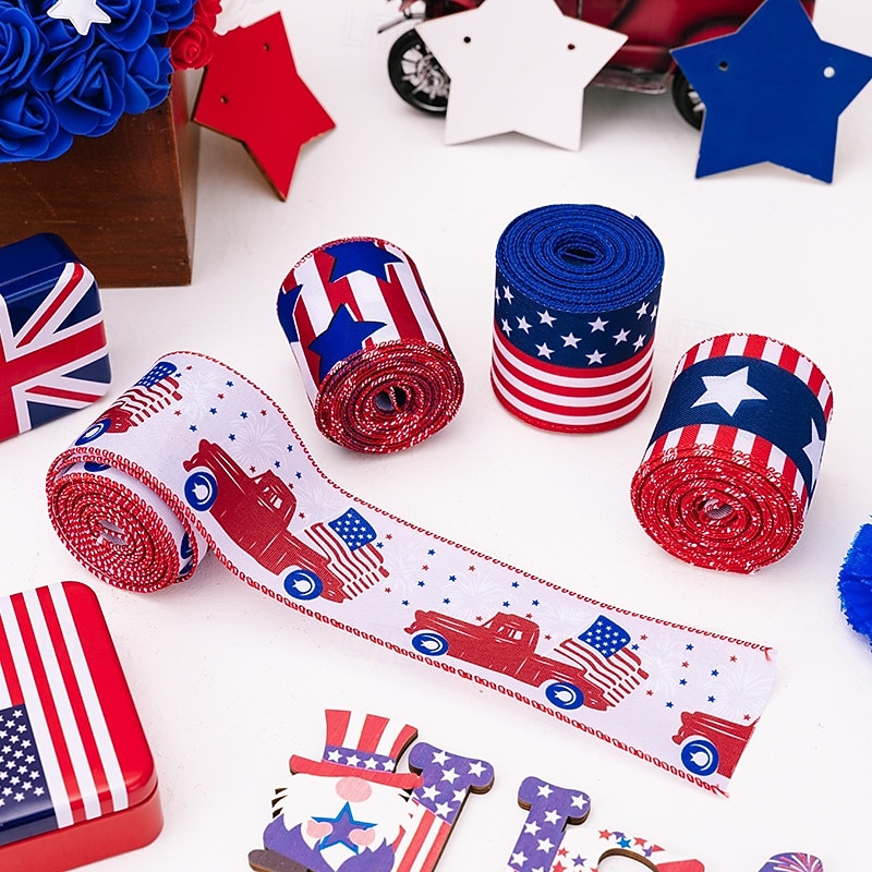 Patriotic 4th of July Ribbon, Independence Day USA Flag Stars Ribbon, Car and Home Decor, Indoor Outdoor Party Bow Decoration, Red White Blue2