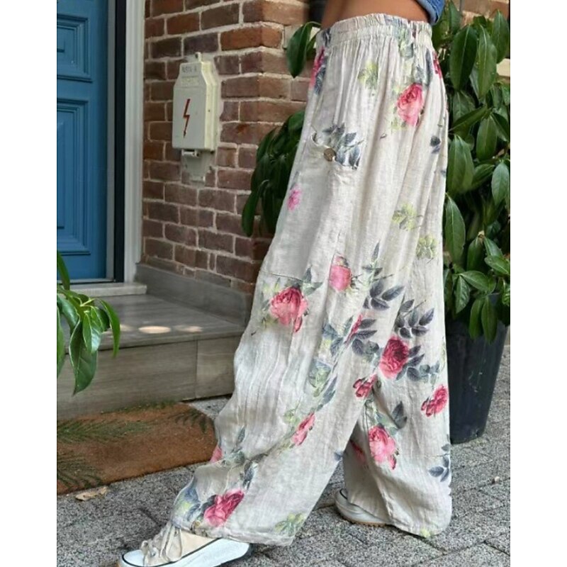 Women's Cotton Linen Pants Slacks Streetwear Casual Full Length Natural Flower Pocket Elastic Waist Printing Comfy Comfortable Holiday Weekend Peacock Blue Grey Black White Summer Regular Fit4