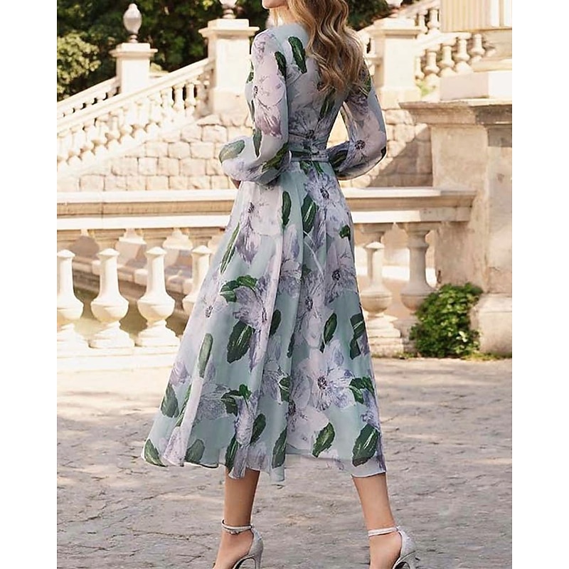 A-Line Dress Mother of the Bride Dress Floral Print Elegant Vintage V Neck Ankle Length Chiffon 3/4 Length Bubble Sleeve with Ruching Details Race Day Dress Wedding Guest Dress2