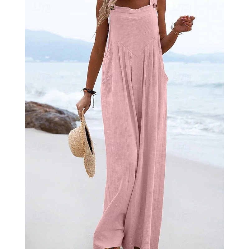 Women's Normal Jumpsuit Dungarees Streetwear Solid Color Sleeveless U Neck Pocket Street Daily Regular Fit Black Yellow Pink Summer3