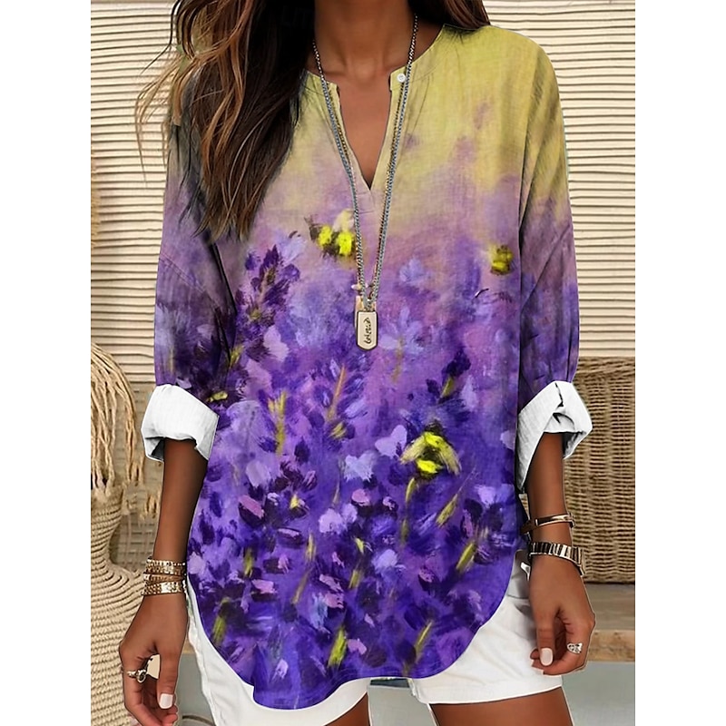 Women's Blouse Tunic V Neck Long Sleeve Boho Casual Tops Floral Graphic Elegant Vintage Daily Regular Tops Daily Wear Print White Pink Blue Dusty Blue Purple4