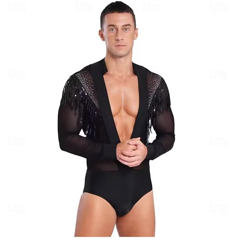 Mens Sheer Mesh Bodysuit Tango Latin Dance Leotard Deep V-neck Figure Skating Dance Costume3