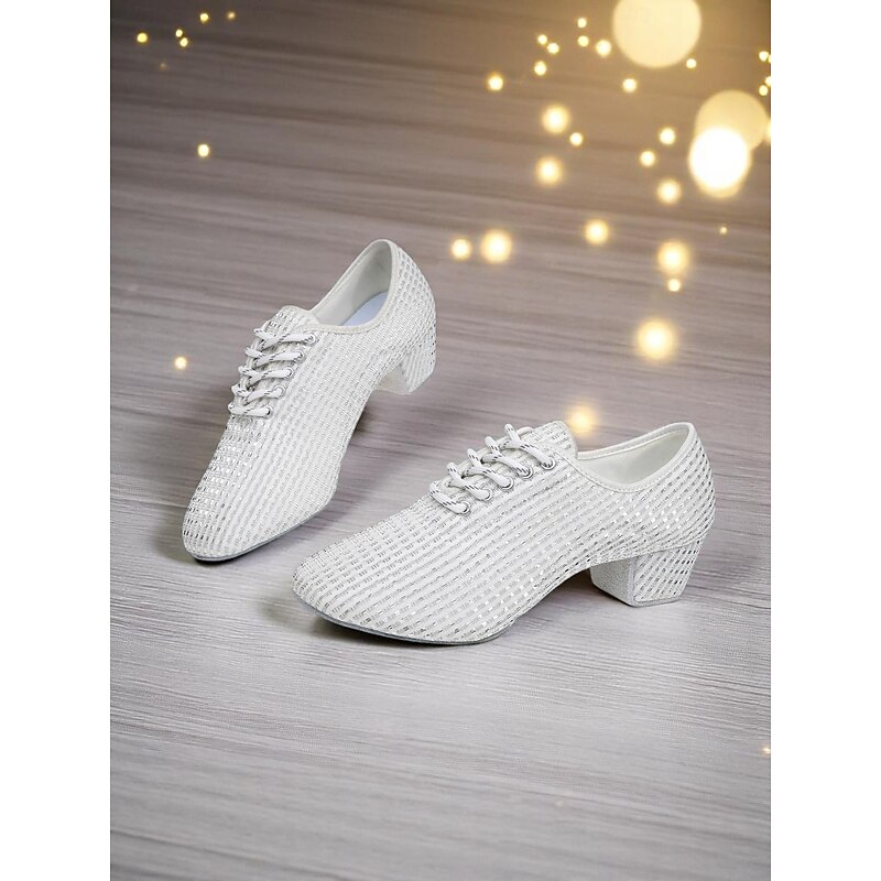 Women's White Mesh Latin Dance Shoes with Low Chunky Heels and Sparkling Rhinestones - Breathable Professional Ballroom Footwear for Performers and Competitions4