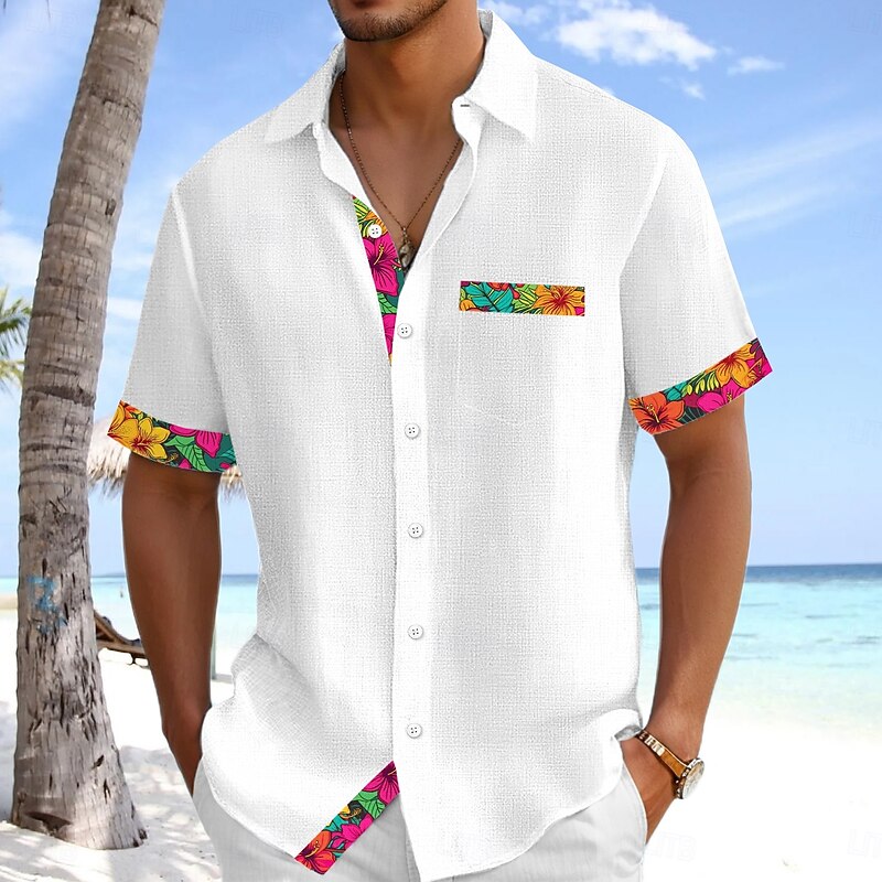Men's Shirt Linen Shirt Summer Shirt Beach Wear Button Up Shirt Solid Color Vacation Curise Black White Orange Green Short Sleeve Collar Summer Spring & Summer Clothing Apparel Color Block2
