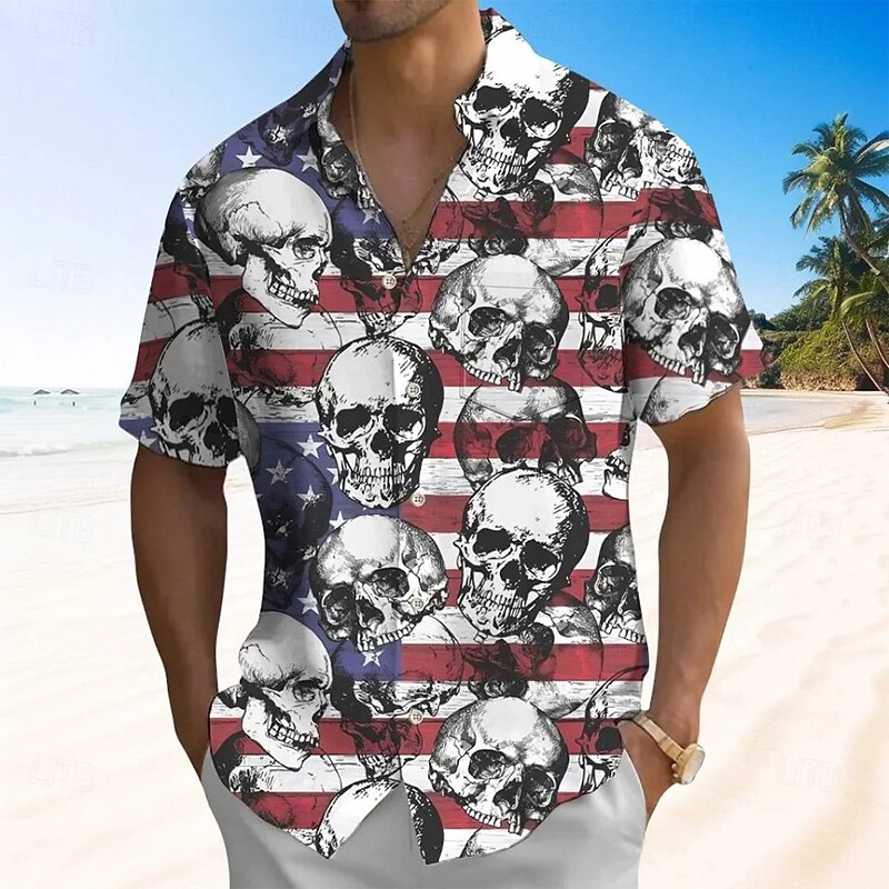 Independence Day Men's American US Flag Patriotic Skulls Shirt Summer Shirt Button Up Shirt Short Sleeve Fashion Casual Holiday Summer Spring Turndown 3D Print Collared Shirts Front One Pocket White3