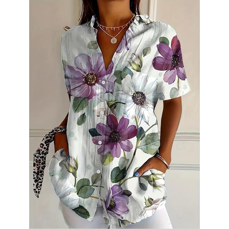 Women's Shirt Long Sleeve Button Down Blouse Floral Graphic Vintage Tropical Daily Sleeveless Short Sleeve Shirt Collar Regular Tops Daily White Red Summer Spring