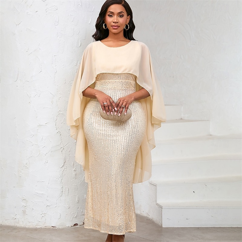 Dress Mother of the Bride Dress Elegant Crew Neck Floor Length Chiffon 3/4 Length Sleeve with Sequin2