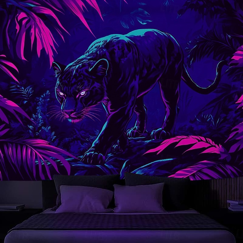 Blacklight Tapestry Glow in the Dark Glow Party UV Reactive Forest Animal Leopard Trippy Misty Nature Landscape Hanging Tapestry Wall Art Mural for Living Room Bedroom4