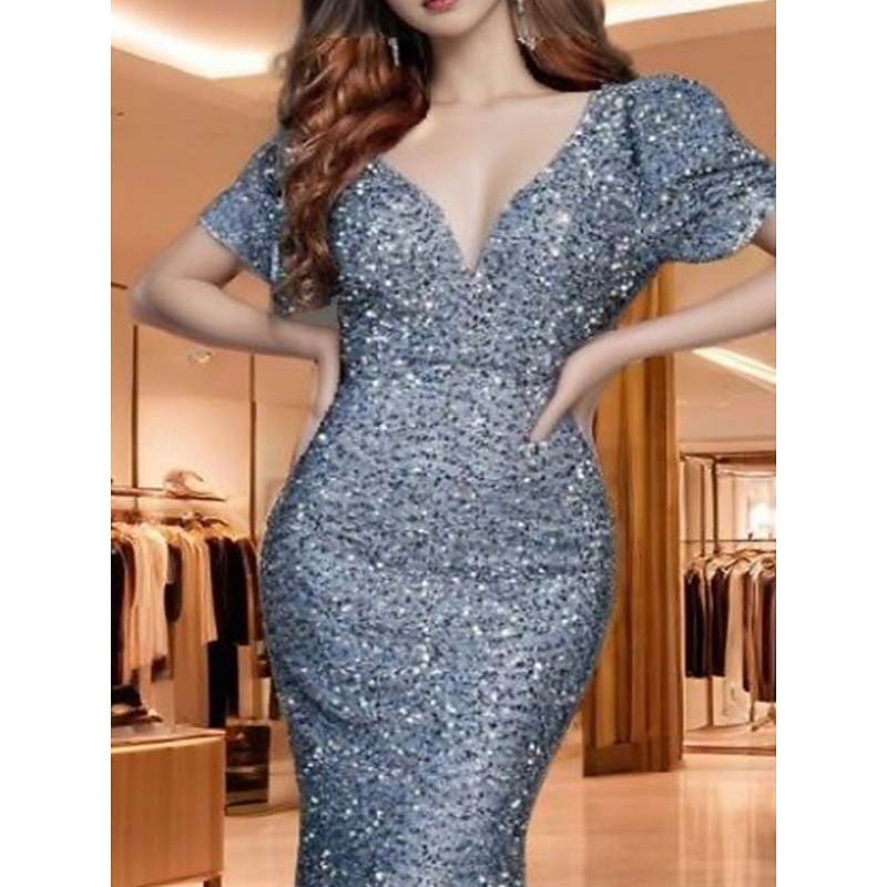 Mermaid / Trumpet Quinceanera Dresses Elegant Dress Wedding Wedding Guest Sweep / Brush Train Short Sleeve V Neck Sequined Backless with Sequin3