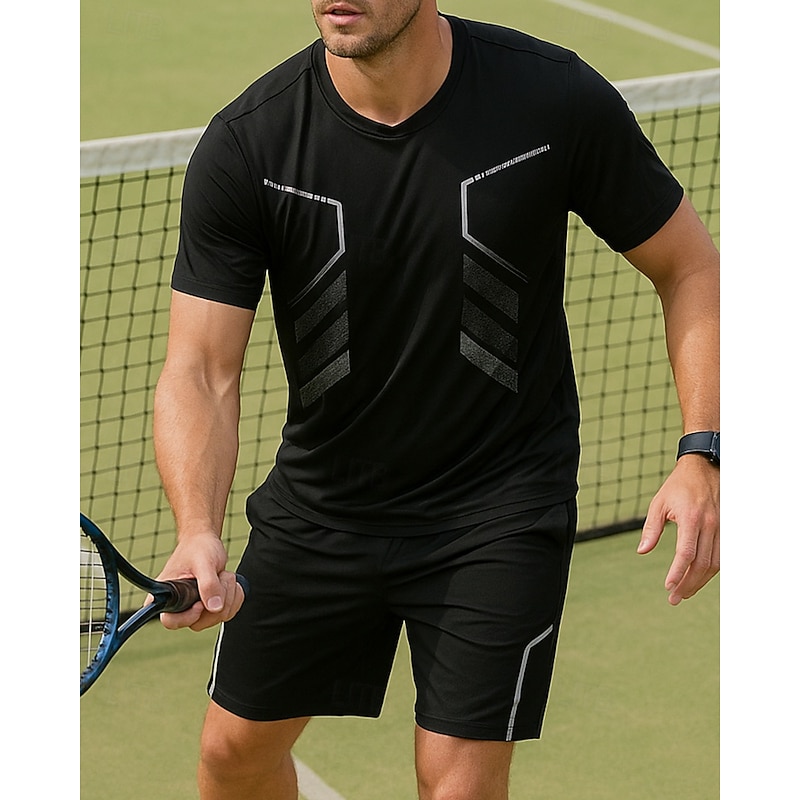Men's Tennis Tee Short Sleeves Contrast Binding Sweat-Wicking Moisture Wicking Breathable Tennis Golf Pickleball Crew Neck Black White Tennis Clothing4