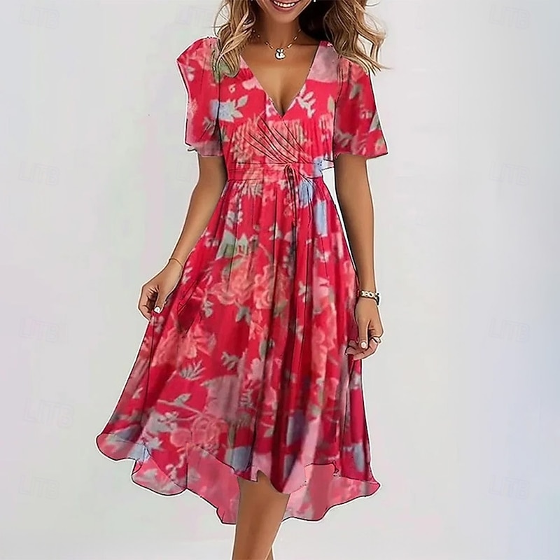 Women's Midi Dress Floral Dress Print Dress Classic Modern Outdoor Daily Holiday Regular Fit Flower Short Sleeve V Neck Red Blue Green Apricot Summer2