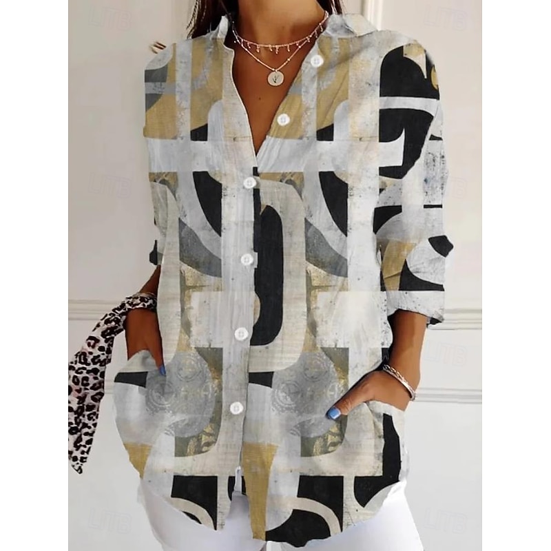Women's Shirt Button Down Tunic Shirt Collar Long Sleeve Graphic Geometric Plaid Casual Regular Tops Work Daily s Print Black White Pink Blue Brown Spring Fall2