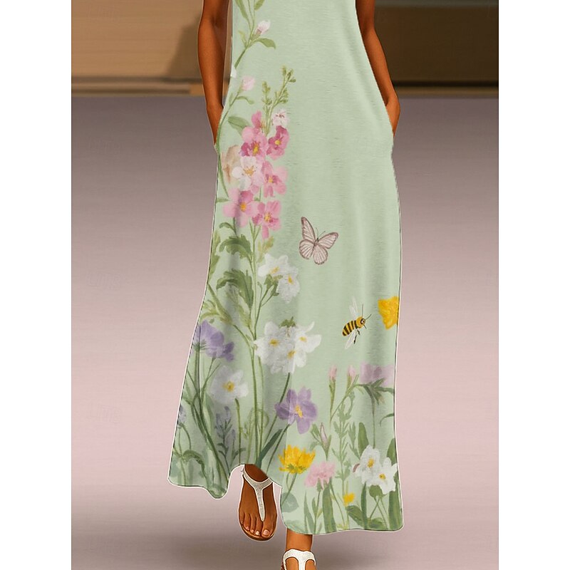 Women's Maxi Dress Sundress A Line Dress Summer Dress Vacation Casual Boho Daily Holiday Loose Fit Floral Graphic Sleeveless V Neck Green Summer3