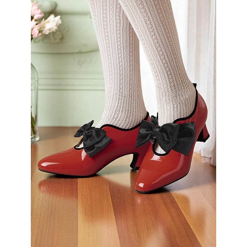 Women's Red Patent Leather Low Heel Shoes – Vintage 1920s Style Pointed Toe Pumps with Black Bow for Tea Party, Wedding, and Retro Events3