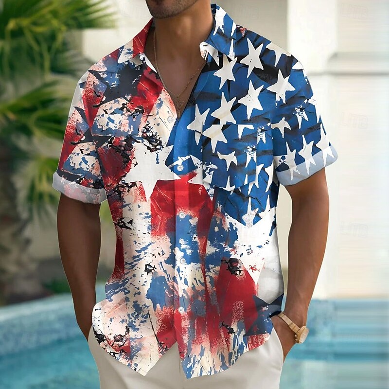 Independence Day Men's US Flag Patriotic Fourth of July Shirt Summer Shirt Button Up Shirt Short Sleeve Fashion Casual Holiday Summer Spring Turndown 3D Print Collared Shirts Front One Pocket Blue