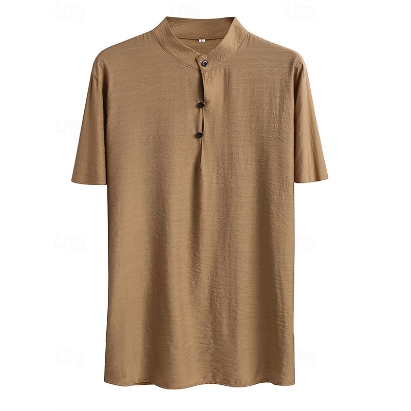 Men's Shirt Popover Shirt Summer Shirt Casual Shirt Beach Shirt Black Brown Short Sleeve Plain Band Collar Vacation Hawaiian Clothing Apparel Polyester Fashion Casual Comfortable2