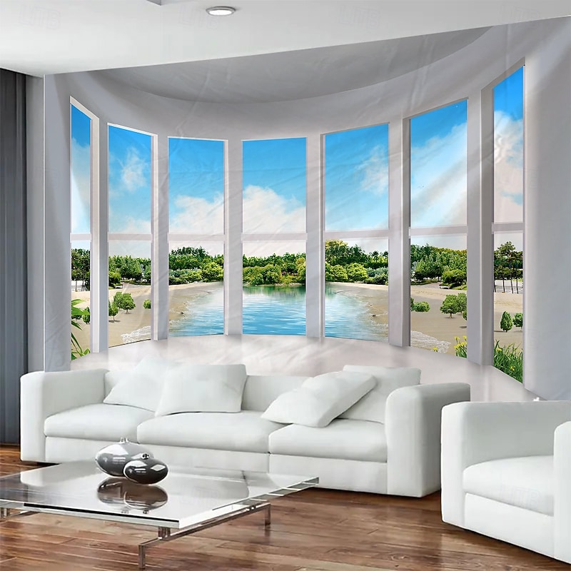 Hanging Tapestry Mural Art With Sea View Outside The Window Large Tapestry Mural Decoration Photos Background Carpet Curtains Home Bedroom Living Room Decoration4