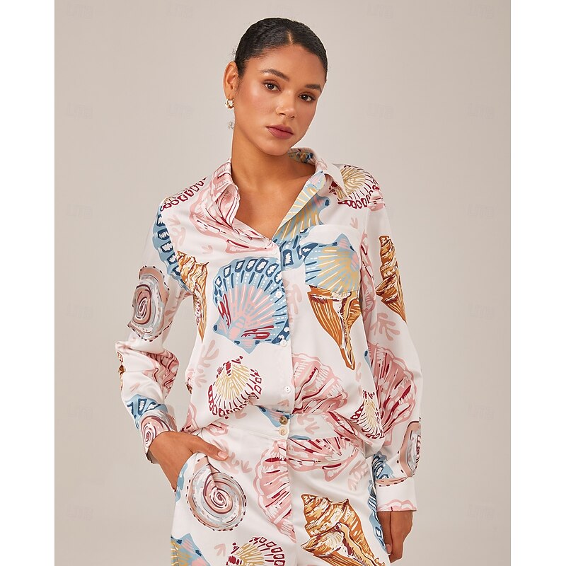 Shell Print Button Down Relaxed Long Sleeve Shirt