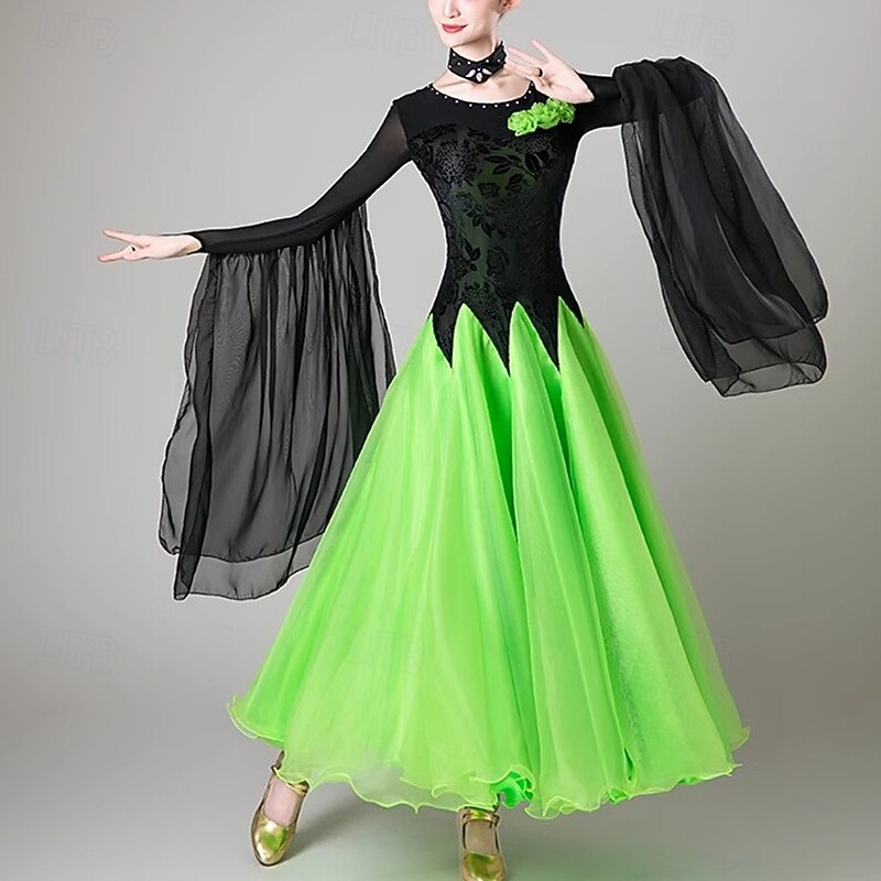 Ballroom Dance Dress Printing Splicing Crystals / Rhinestones Women's Performance Training Long Sleeve Mesh Spandex Tulle