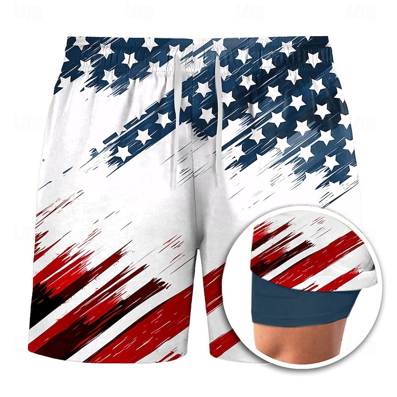 Independence Day Men's US Flag Patriotic Lined Shorts 2 in 1 Board Shorts Swim Trunks Mid Waist Hawaiian Holiday Side Pockets With Compression Liner Elastic Drawstring Waist Designer Clothing Apparel - Main Image