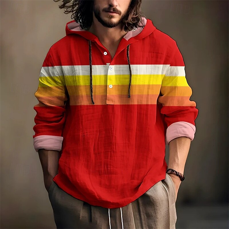 Men's Shirt Popover Shirt Summer Shirt Casual Shirt Beach Shirt Pink Red Blue Sky Blue Orange Long Sleeve Stripes Hooded Vacation Hawaiian Buttons Clothing Apparel Polyester Fashion Casual Comfortable2
