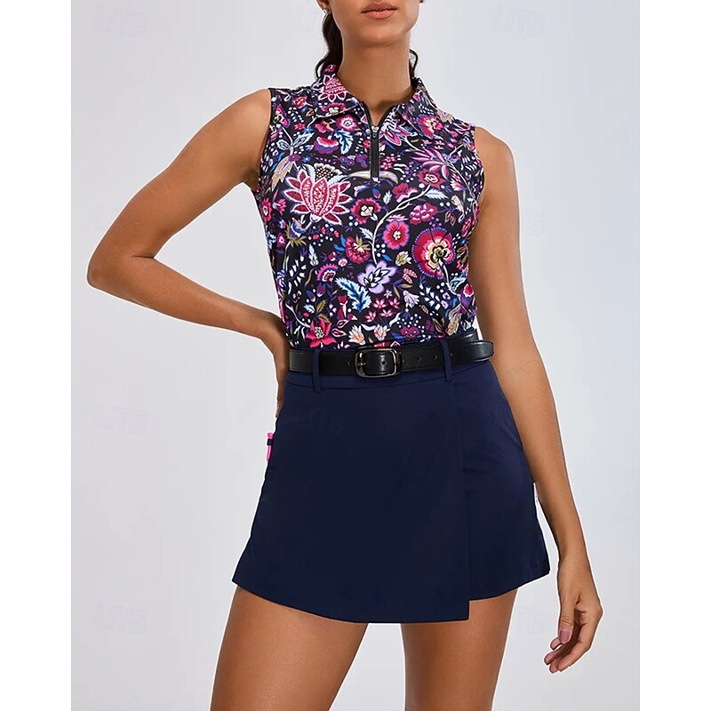 Women's Floral Tennis Shirt Sleeveless Print UPF50+ Quick Dry Tennis Golf Outdoor Exercise Zip Collar Tee Tshirt Top Purple Tennis Clothing
