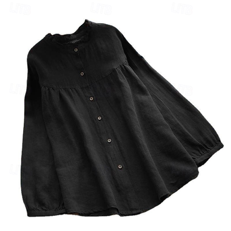 New Year Women's Dressy Tops Plain Stylish Basic Modern Long Sleeve Bishop Sleeve Crew Neck Regular Tops Work Daily Club Uniforms Ruched Buttons Tunic Black Purple Khaki Spring Fall3
