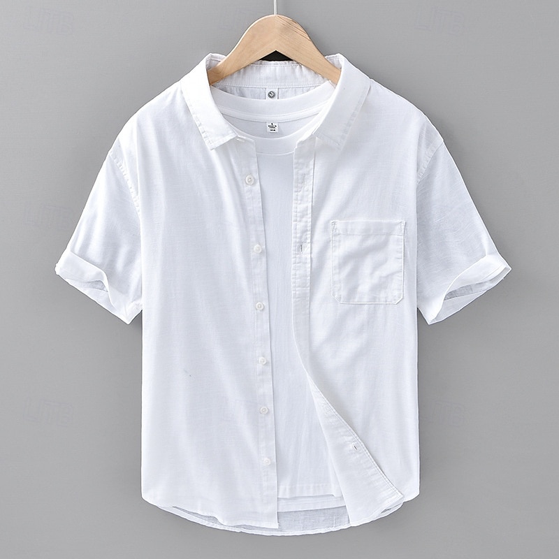 Men's Shirt Linen Shirt Casual Shirt Button Up Shirt Cotton Shirt Plain Vacation Street White Navy Blue Blue Green Short Sleeve Turndown Summer Clothing Apparel Pocket3