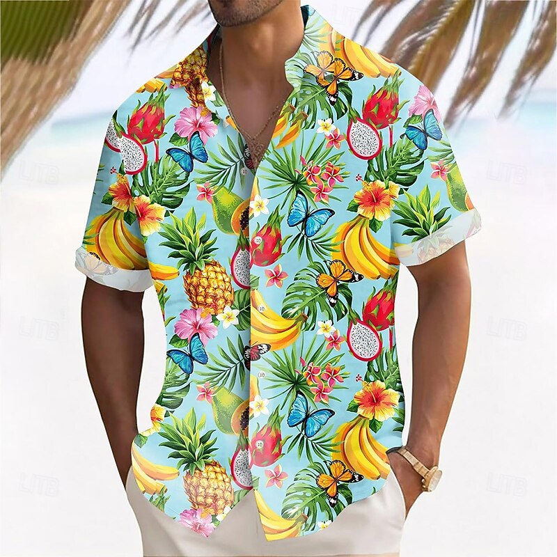 Men's Fruit Pineapple Banana Summer Hawaiian Shirt Button Up Shirt Aloha Shirt Short Sleeve Hawaiian Vacation Holiday Beach Wear Summer Spring Turndown 3D Print Collared Shirts Blue